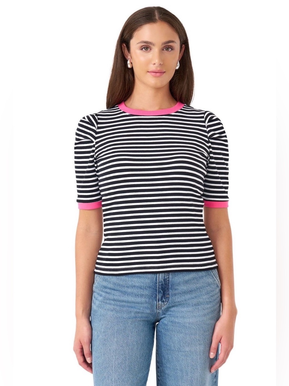NWT Rebecca Minkoff Women's White Black Pink Striped Puff Sleeve Top Size Large
